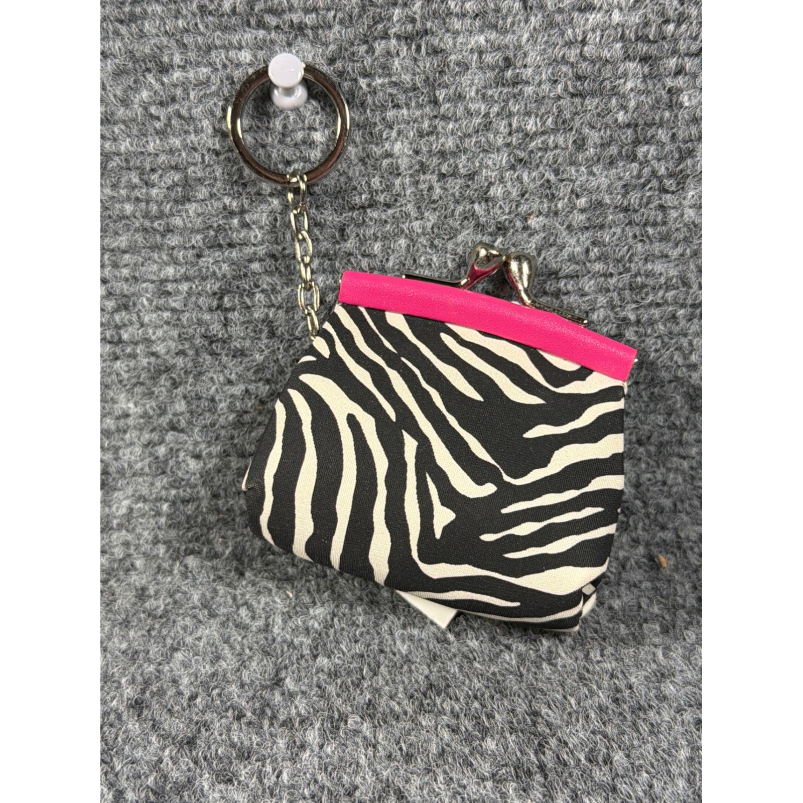 Relic Zebra Print Mini Frame Coin Purse Keychain Pink Trim Kiss Lock Nwt